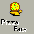 Pixelated icon of a pizza slice with a face wearing a yellow shirt, positioned above the text "Pizza Face" on a gray background.