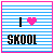 Four pixel-art with blue-and-white striped backgrounds, pink borders, and black text showing 'I ❤️ SKOOL' variations including crossed-out heart symbols