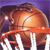 Pixelated static image of a basketball hoop with backboard and net against purple background, featuring orange rim and brown ball in mid-air near the basket.