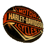 Animated Harley-Davidson logo icon showing rotation from full front view to side profile with visible text and color details.