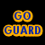 Yellow and blue pixelated text 'GO GUARD' next to a circular seal with a soldier statue holding a sword and shield.