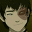 Pixelated anime-style character with dark hair and a brown eye patch on an orange background, accompanied by text elements.