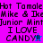 Pixelated text and symbols on a split background with pink, purple, blue sections; 'Hot Tamale Mike & Ike Junior Mint I LOVE CANDY' appears in black block letters.