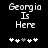 Pixelated text 'Georgia Is Here' in white on black background with five heart symbols below, two versions showing heart position changes.