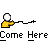 Pixelated animation shows two figures in yellow clothing interacting with text overlays like "Come Here" and "Finish Her!" on gray background.