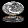 A silver coin with a profile portrait and orange-brown rim rotates through multiple angles against a black background, showing front, side, and back views.