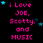 Pixelated text reads 'i Love JOE, Scotty, and MUSIC' in pink on black with blue stars; animation shifts star positions across frames.