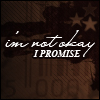 Brown-toned background with diagonal stripes and star shapes, featuring handwritten-style text 'i'm not okay' above bold capitalized 'I PROMISE' text.