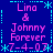 Pixelated blue background with cyan border and star accents, displaying pink text 'Lina & Johnny Forever 7-4-07' in four identical quadrants.