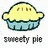 Pixelated icon of a yellow pie with three brown spots on top, in a blue dish, below text reading 'sweety ple'