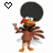 Pixelated cartoon character with large afro, red bandana, brown body, orange beak and legs; heart symbol changes from black outline to solid red.