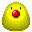 A 4-frame pixel art animation of a yellow chick-like character with red beak and black eyes, displayed in a 2x2 contact sheet on gray background.
