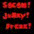 Pixelated static image with red text on black background featuring three lines of stylized text surrounded by scattered colored pixels.