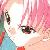 Pixelated close-up of a character with large dark eyes, pink hair, and a light blue garment against a soft pink and white background.