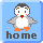 Pixel art penguin mascot with orange feet and beak, brown eyes, white belly, gray wings, standing on blue background with "home" text below.