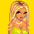 Pixelated character with blonde hair and green top on yellow background, surrounded by repeated text elements in blue and yellow.