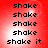 Red background with repeated black text 'shake' and 'shake it.' in pixelated font, arranged in four quadrants with white light effects.