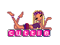 Pixelated character in a reclining pose with legs raised, wearing purple and red clothing, under pink text reading 'cuttle' on white background.
