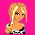 Pixel art buddy icon featuring a blonde woman, cow-print character, and cow legs on bright pink background with text overlays.
