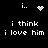 Black background with white pixelated text and symbols; two identical side-by-side showing 'i think i love him' with a heart symbol above one and a starburst pattern above the other