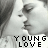 Two side-by-side grayscale images of a person's face with closed eyes, each featuring 'YOUNG LOVE' text below and a pixelated heart symbol above the right image.