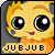 Pixelated yellow creature with large black eyes, orange hair, and orange clothing, smiling with text 'JUBJUB' below.