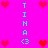 Pixelated pink background with cyan text and red heart symbols arranged in a pattern