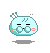 Pixelated light blue character with round glasses, pink cheeks, and two antennae-like protrusions; displays multiple expressions including neutral, blushing, and open-mouthed surprise against a gray background.