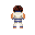Pixel art character in white and blue outfit with brown hair, shown in multiple poses including back view, side view, and front view with hand near face.