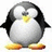 Pixelated penguin with black and white body, yellow beak and feet, standing against white background, next to pink text on black background.