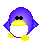Pixel art penguin mascot with purple body, yellow beak and feet, black eyes, white belly, blue wing accents; two frames show slight pose variation on gray background.