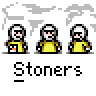 Animated contact sheet of 24 pixel art buddy icons showing a character with white hair and yellow shirt in various poses, some holding orange objects, with "Stoners" text below each row.