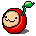 A 4-frame pixel art animation of a red cherry-shaped character with a green stem, smiling face, and subtle pose changes across frames.