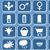 Pixelated blue square grid with white icons including plus sign, gender symbols, test tubes, star, bucket, funnel, cloud, speech bubble, and horizontal line.