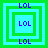 Four identical square arranged in a , each containing nested green and cyan squares with purple 'LOL' text at top, bottom, and center