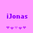 Purple text 'iJonas' on pink background with five purple heart icons below, two versions showing different heart arrangements.