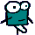 Pixelated teal character with large white eyes and black pupils, shown in multiple poses across a on gray background