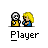 Animated contact sheet of 22 pixel art frames showing two cartoon characters interacting in various poses with yellow and blue color scheme.