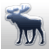 Pixelated dark blue moose silhouette with light blue antlers on a gradient gray background, standing in profile facing left.