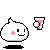 Pixelated white blob with pink cheek dot, black eyes, and smiling mouth, holding pink and white object in two poses.