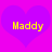 Two identical purple heart shapes on a bright pink background, each containing the word 'Maddy' in yellow pixelated text.