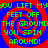 Green text on blue background with red spiral patterns repeating four times in a