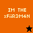 Pixelated text 'IM THE xFiIR3M4N' on split orange and black backgrounds with a star symbol changing color.