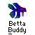Pixelated fish icon with blue, green, and purple hues above black-and-white text reading 'Betta Buddy' on a gray background.