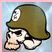 Pixelated skull wearing olive-green military helmet with white insignia, set against light blue background with pink border.