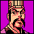 Pixel art portrait of a character with stylized facial features, striped headwear, and checkered clothing against a solid purple background.