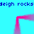 Pixelated blue background with repeating text and a pink outlined shape. Text reads "deigh rocks" in dark blue, repeated horizontally above and below the central form.
