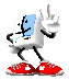 Pixelated cartoon character with computer monitor head, red sneakers, and waving hand in two animation frames showing motion blur on the raised arm.