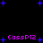 Pixelated text 'CassP12' appears in four positions on a black background with scattered blue stars, each instance rendered in bright pink.