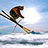 A pixelated figure in orange and black clothing skis across a snowy landscape with blue sky background.